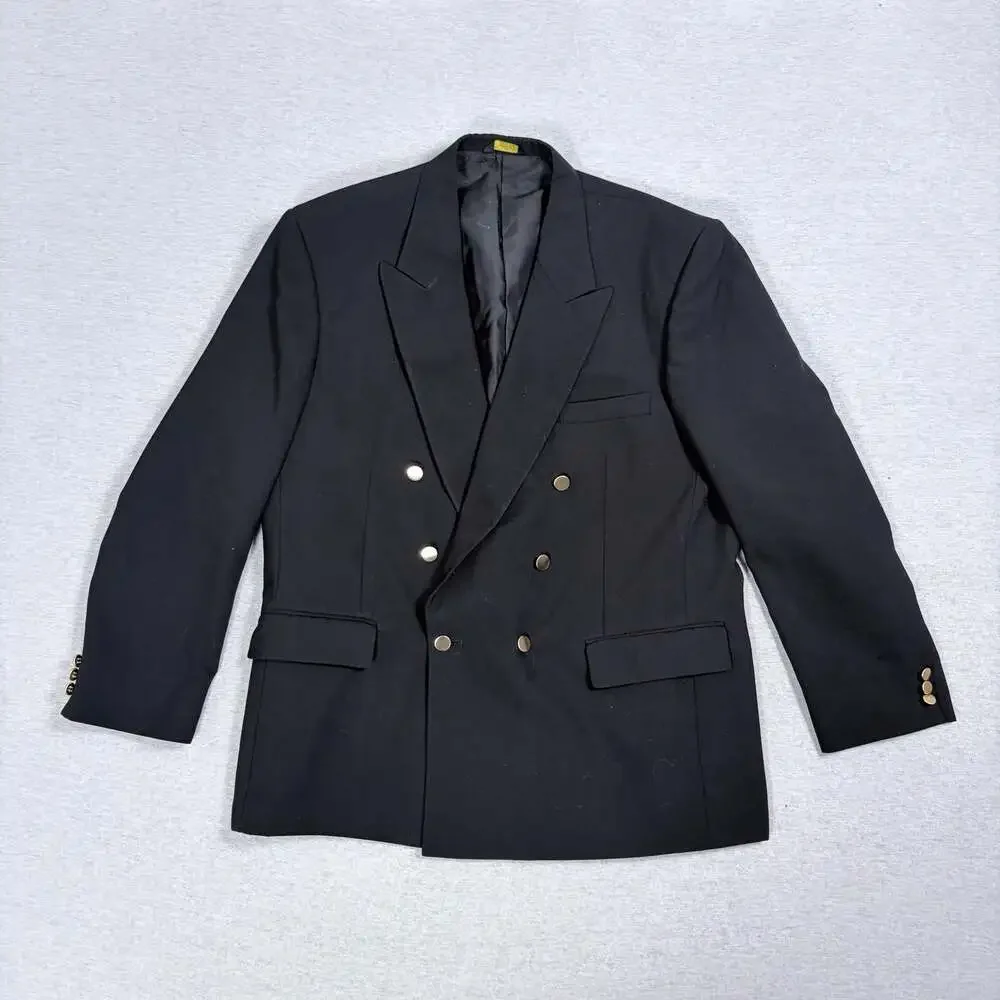 Farah Clothing Co. Black Double-Breasted Suit Jacket Blazer 44R Gold Buttons